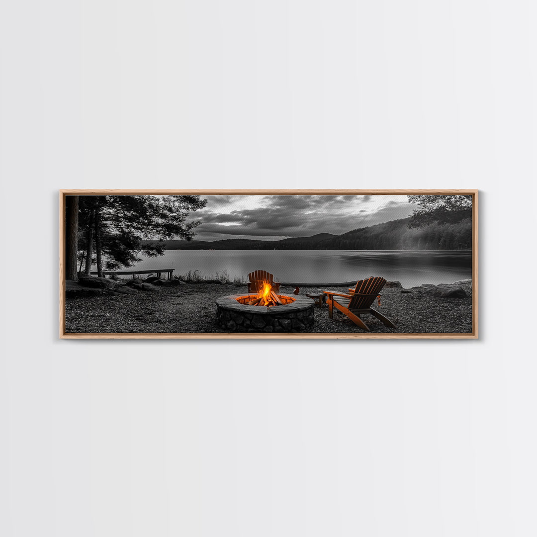 Campfire Chairs Lakeside, Cozy Autumn Vibes, Mountain Cabin View, Framed Canvas Print, Rustic Fall Wall Art, Living Room Fireplace Decor