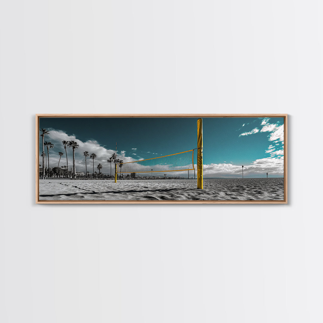 Beach Volleyball, Palm Trees, Summer Sport, Coastal Minimalism, Framed Canvas Print, Rec Room Wall Art, Sporty Vibe Decor