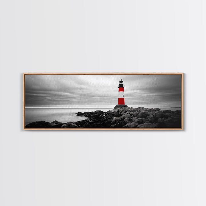 Lighthouse Coastline, Red Beacon, Stormy Sea, Black and White Landscape, Framed Canvas Print, Nautical Decor, Office Wall Art, Modern Style
