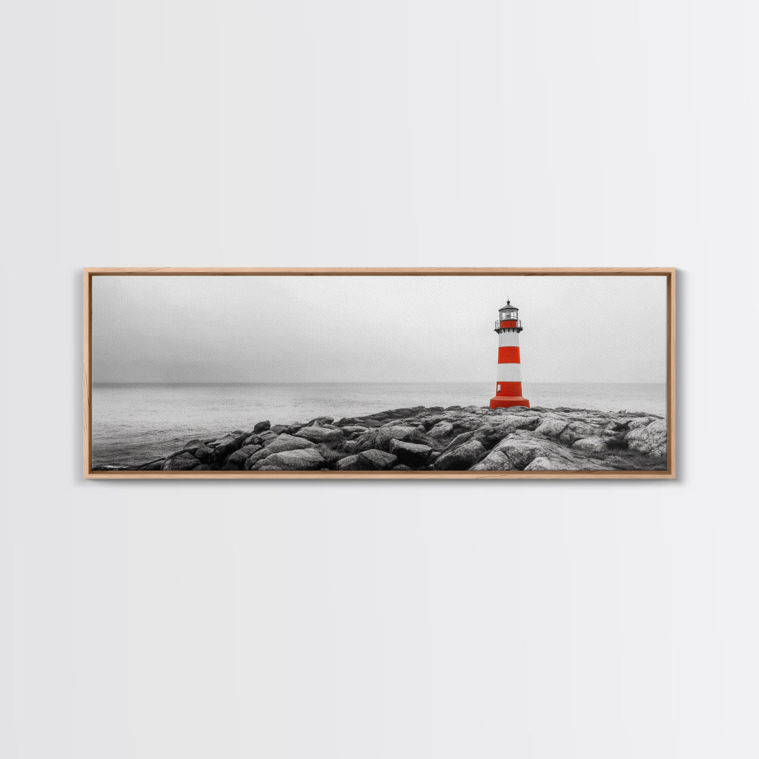 Rocky Shore, Coastal Guide, Red Lighthouse, Ocean Cliff Scene, Framed Canvas Print, Nautical Wall Decor, Bathroom Wall Art, Minimalist Art