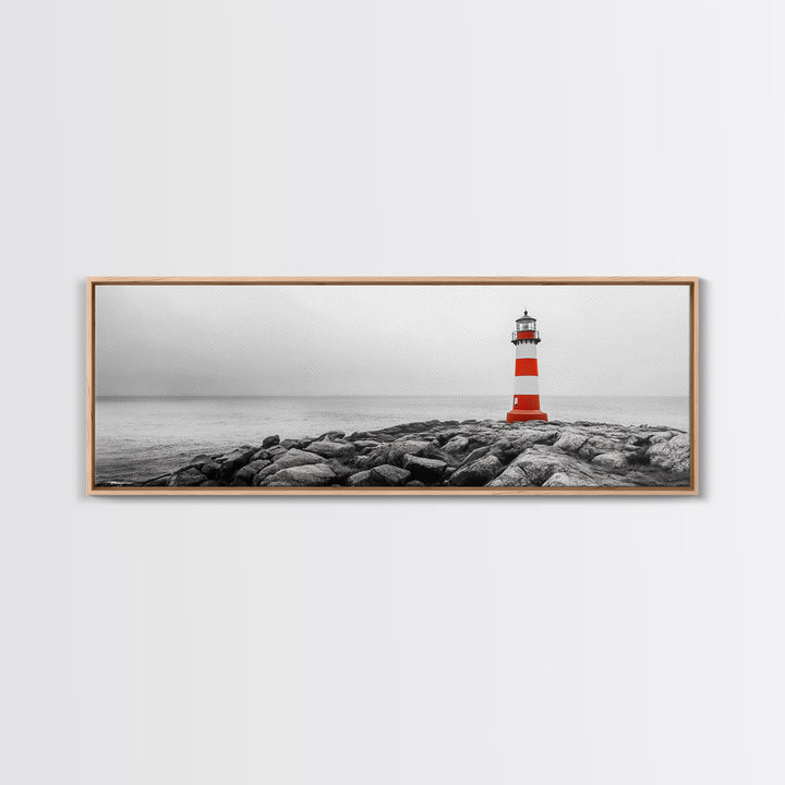 Rocky Shore, Coastal Guide, Red Lighthouse, Ocean Cliff Scene, Framed Canvas Print, Nautical Wall Decor, Bathroom Wall Art, Minimalist Art