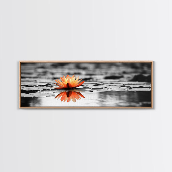 Tranquil Lotus, Zen Water, Orange Glow, Reflective Serenity, Framed Canvas Print, Bedroom Wall Art, Spa Decor, Boho Style, Meditation Vibe