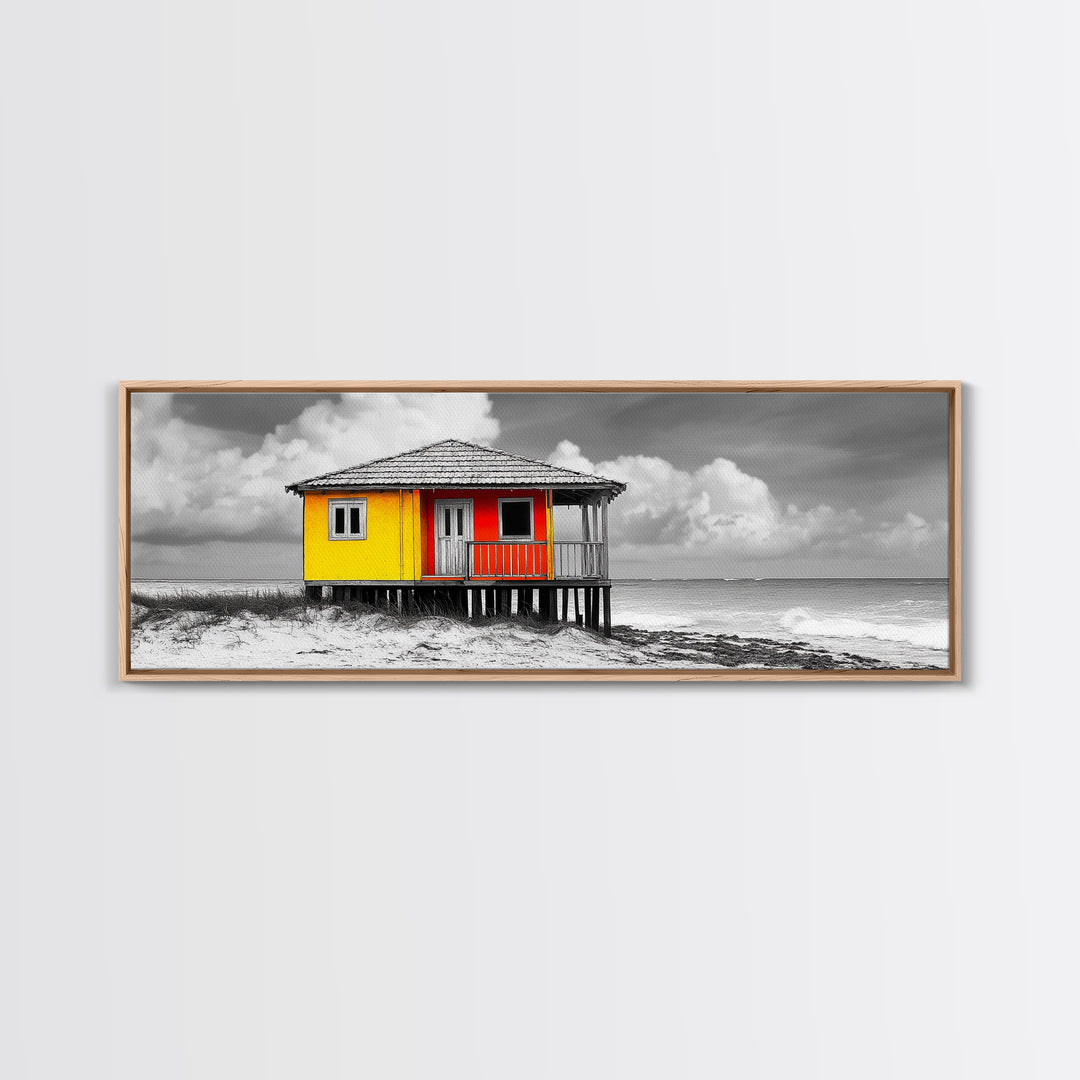 Yellow Cabin, Seaside Shack, Color Pop, Coastal Vibes, Framed Canvas Print, Beach House Wall Art, Bold Nautical Decoretic