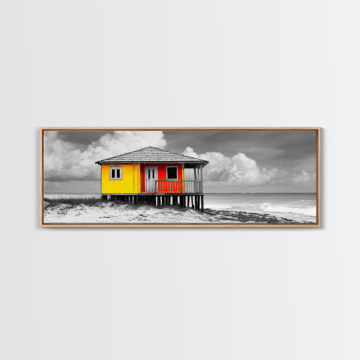 Yellow Cabin, Seaside Shack, Color Pop, Coastal Vibes, Framed Canvas Print, Beach House Wall Art, Bold Nautical Decoretic
