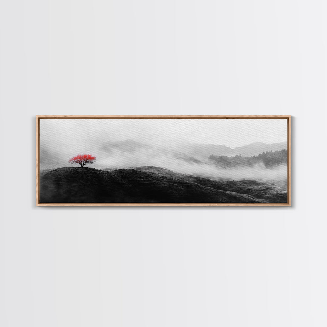 Lone Red Tree, Misty Hills, Minimalist Landscape, Framed Canvas Print, serene bedroom wall art, abstract black and white decor