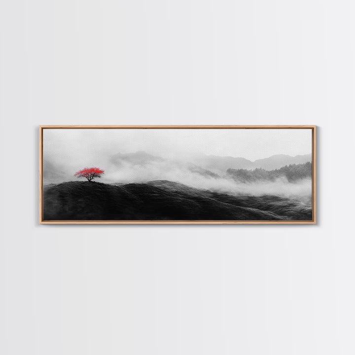Lone Red Tree, Misty Hills, Minimalist Landscape, Framed Canvas Print, serene bedroom wall art, abstract black and white decor