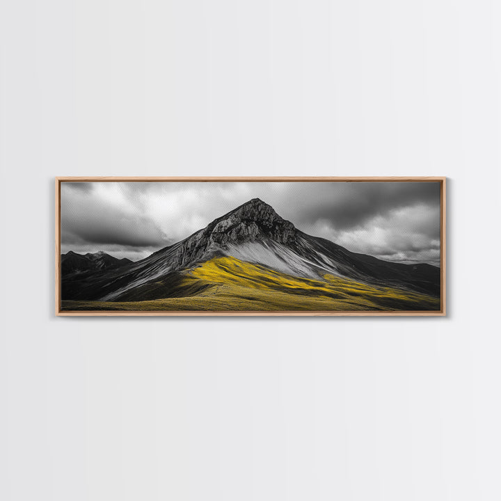 Black Mountain Peak, Moody Sky, Bold Yellow Hillside, Framed Canvas Print, Nature Art, Bedroom Wall Decor, Modern Landscape Print