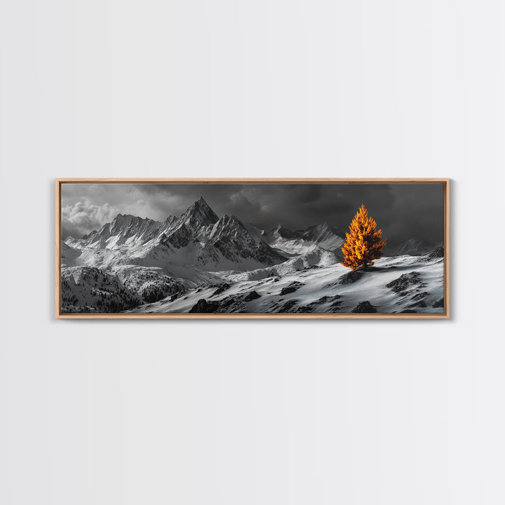 Lone Golden Tree, Snowy Mountains, Dramatic Sky, Canvas Print, Winter Wall Art, Moody Landscape, Minimalist Home Decor