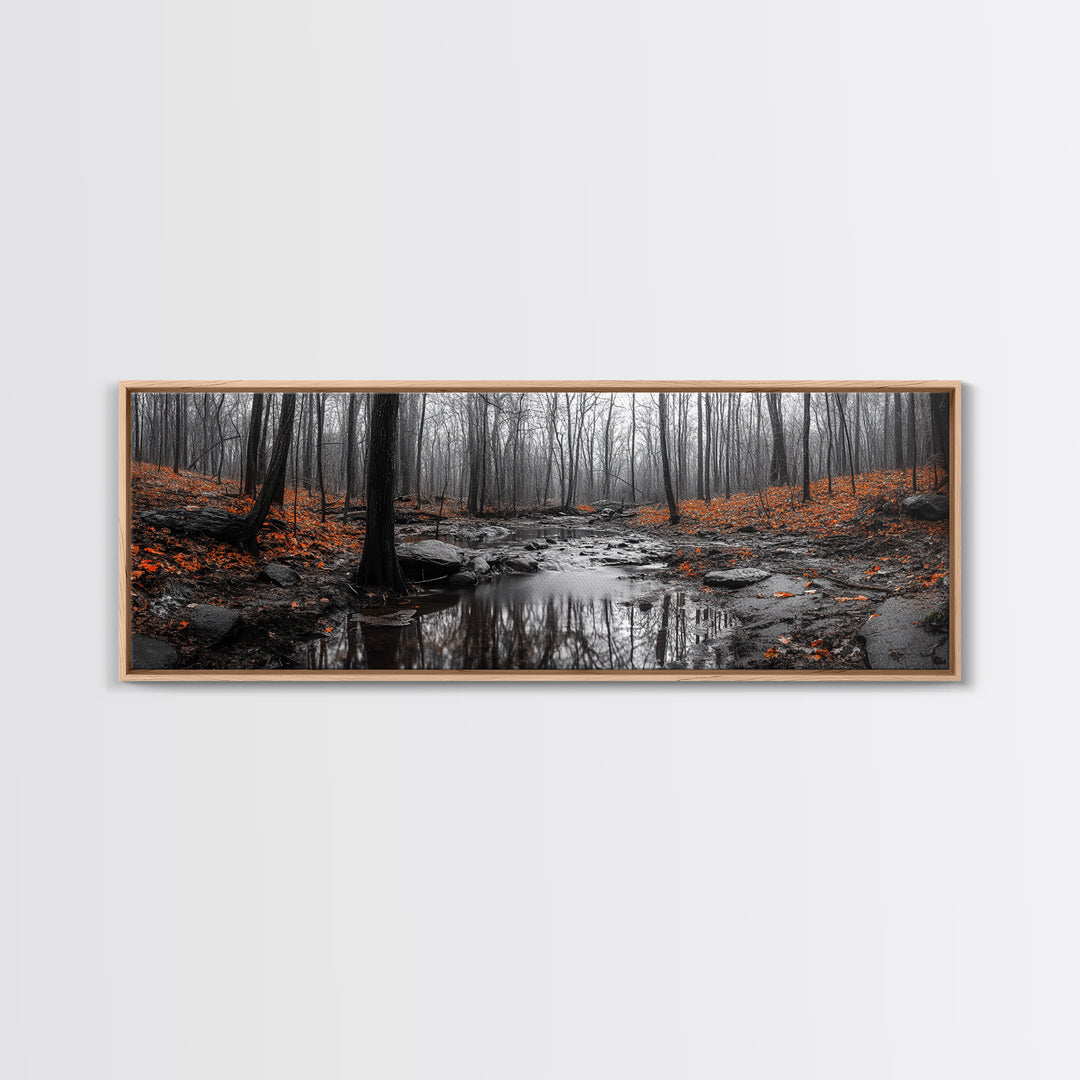 Autumn Forest Stream, Bare Trees, Orange Leaves, Framed Canvas Print, Fall Wall Art, Cozy Nature Scene, Entryway Decor
