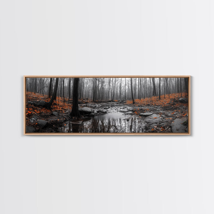 Autumn Forest Stream, Bare Trees, Orange Leaves, Framed Canvas Print, Fall Wall Art, Cozy Nature Scene, Entryway Decor