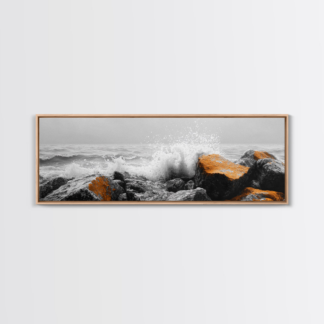 Orange Splash Rocks, Coastal Waves, Sea Spray Art, Canvas Print, Modern Beach Decor, Nature Wall Art, Bold Ocean Landscape