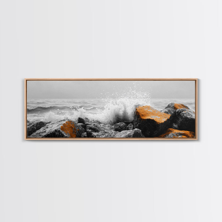 Orange Splash Rocks, Coastal Waves, Sea Spray Art, Canvas Print, Modern Beach Decor, Nature Wall Art, Bold Ocean Landscape