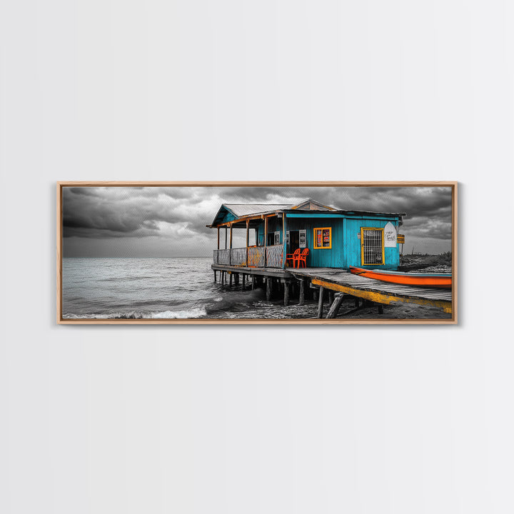 Rustic Shack, Ocean Pier, Stormy Skies, Tropical Retreat, Framed Canvas Print, Nautical Wall Art, Beach Cabin Decor, Lake House Style