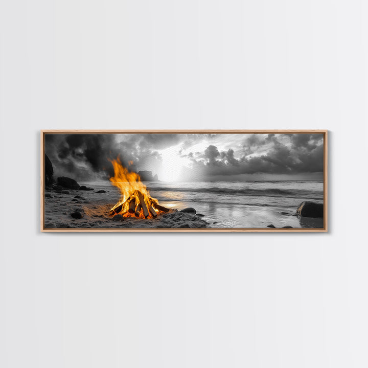 Beach Bonfire Glow, Autumn Coastal Scene, Campfire Photography, Canvas Print, Rustic Living Room or Cabin Wall Art, Fall Decor
