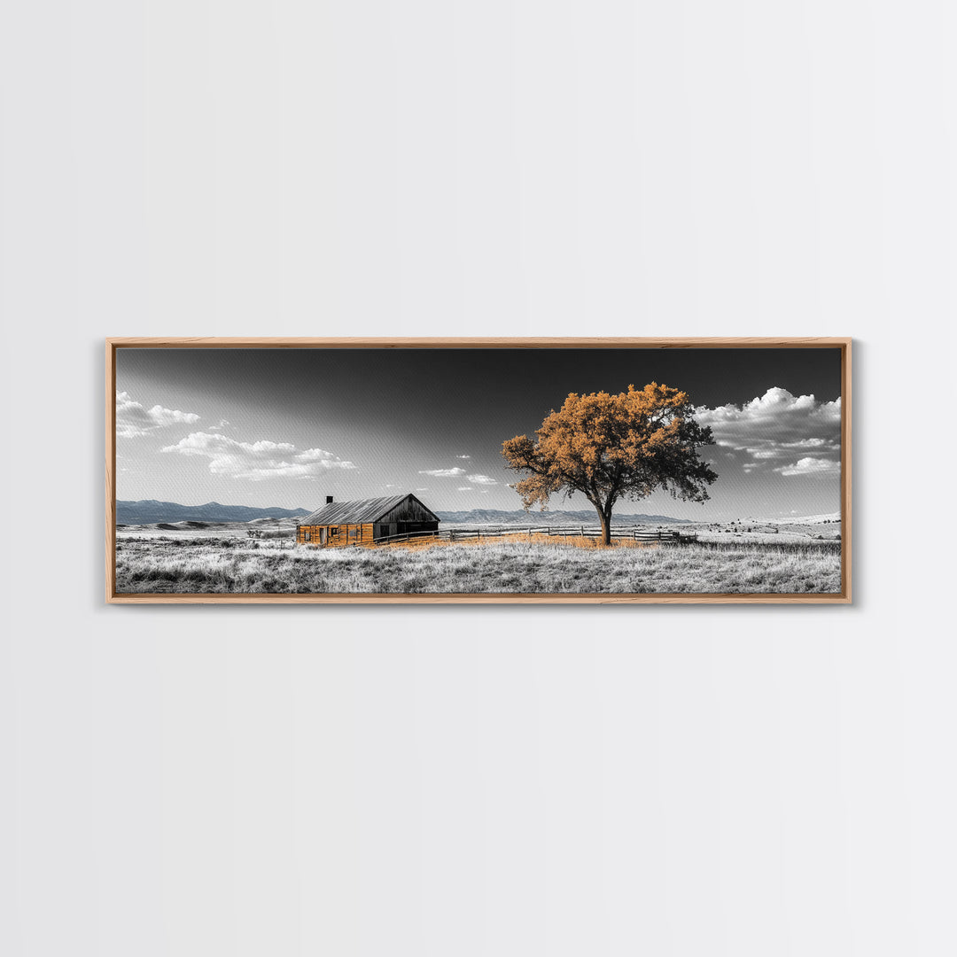 Prairie Cabin, Golden Tree, Rural Landscape, Open Sky, Framed Canvas Print, Country Decor, Farmhouse Wall Art, Rustic Bedroom Style