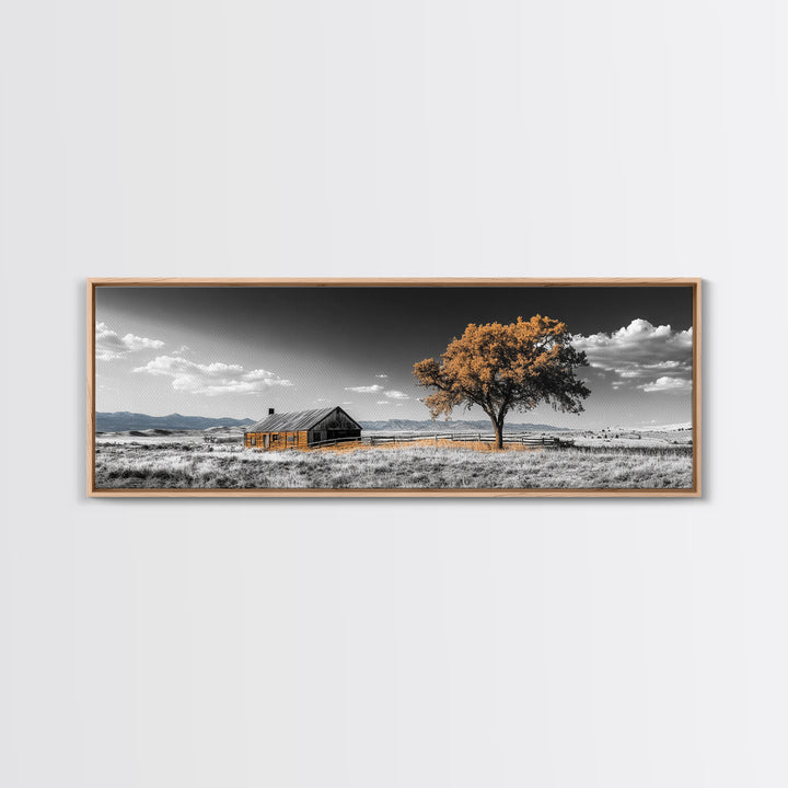 Prairie Cabin, Golden Tree, Rural Landscape, Open Sky, Framed Canvas Print, Country Decor, Farmhouse Wall Art, Rustic Bedroom Style