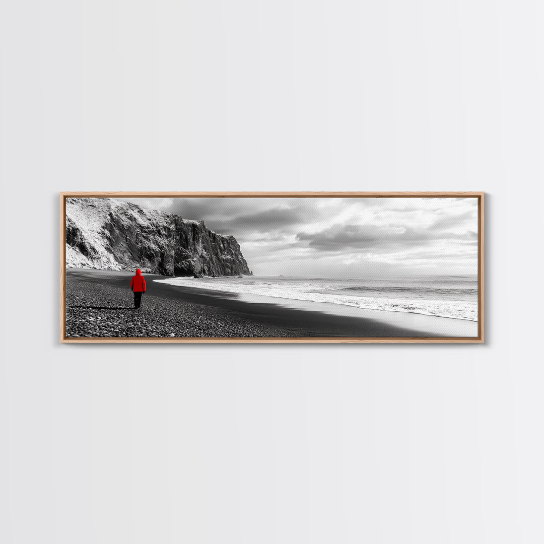 Red Jacket Wanderer, Moody Coastal Cliff Scene, Monochrome Photography, Framed Canvas Print, Modern Minimalist Office Wall Art