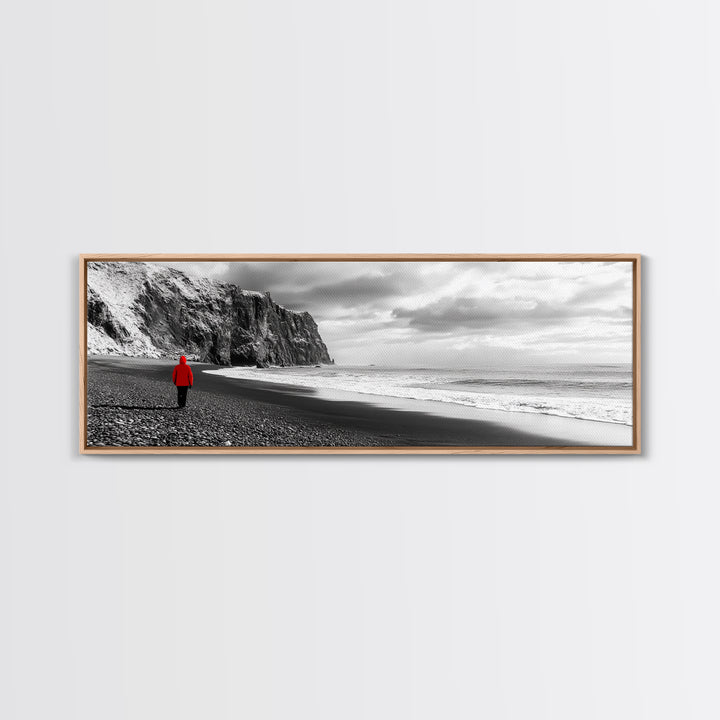 Red Jacket Wanderer, Moody Coastal Cliff Scene, Monochrome Photography, Framed Canvas Print, Modern Minimalist Office Wall Art
