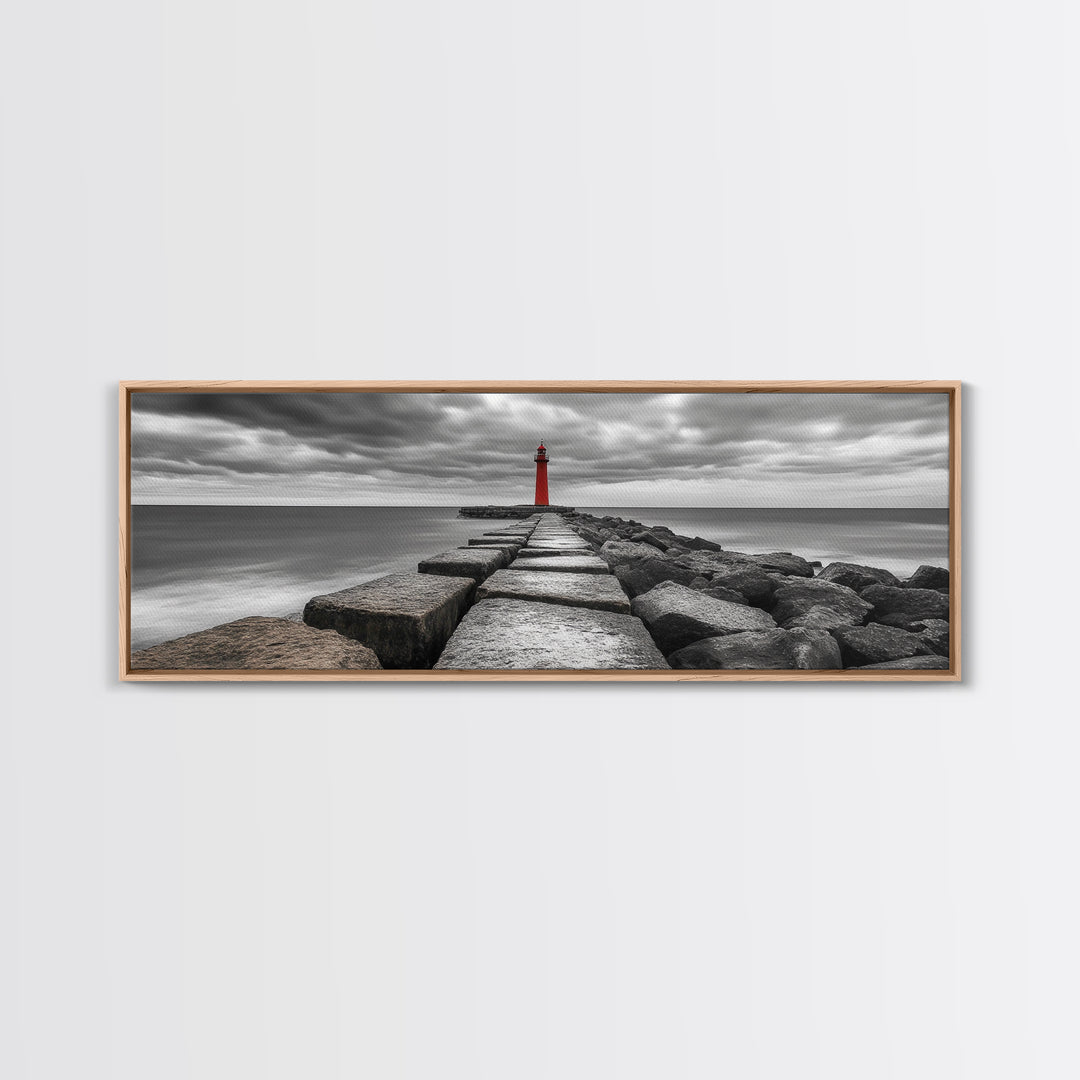 Red Lighthouse Coast, Seaside Rock Jetty, Stormy Sky Mood, Nautical Beacon View, Canvas Print, Bathroom Wall Art, Coastal Modern Decor