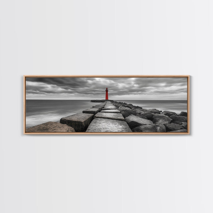 Red Lighthouse Coast, Seaside Rock Jetty, Stormy Sky Mood, Nautical Beacon View, Canvas Print, Bathroom Wall Art, Coastal Modern Decor