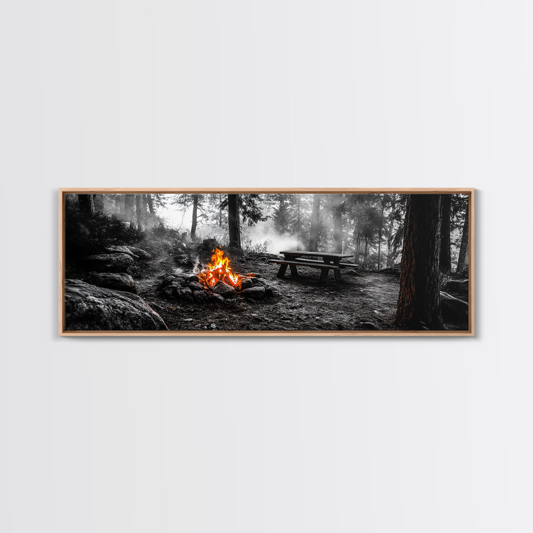 Forest Firepit, Picnic Spot, Smoky Trees, Nature Flame, Canvas Print, Fall Wall Art, Camping Cabin Decor, Rustic Outdoor Style