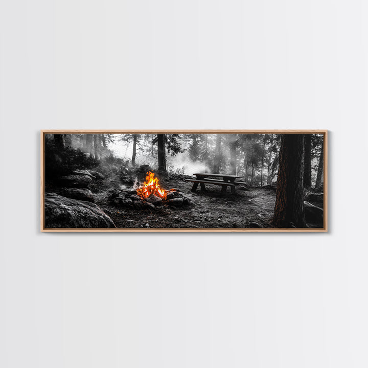 Forest Firepit, Picnic Spot, Smoky Trees, Nature Flame, Canvas Print, Fall Wall Art, Camping Cabin Decor, Rustic Outdoor Style