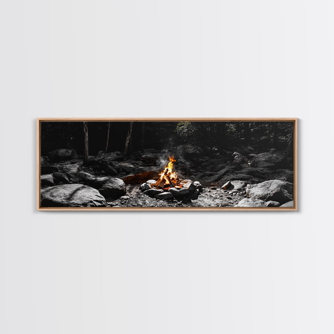 Stone Circle, Night Fire, Forest Blaze, Cozy Gathering, Canvas Print, Wilderness Wall Art, Fall Camping Decor, Rustic Cabin Style