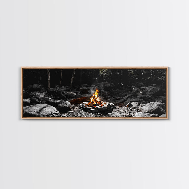 Stone Circle, Night Fire, Forest Blaze, Cozy Gathering, Canvas Print, Wilderness Wall Art, Fall Camping Decor, Rustic Cabin Style