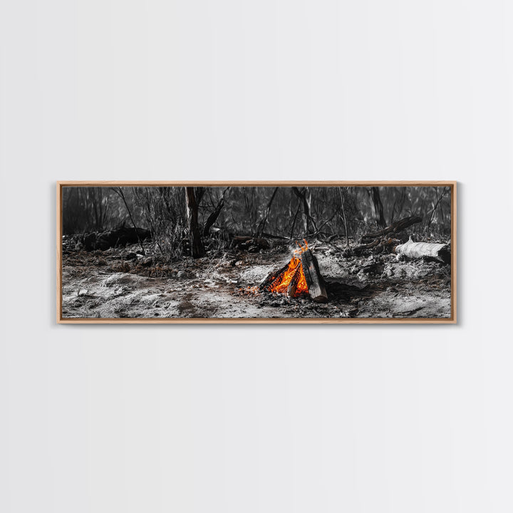 Ember Campfire, Twilight Glow, Nature Heat, Forest Shadows, Framed Canvas Print, Outdoor Wall Art, Fall Rustic Decor, Adventure Accent