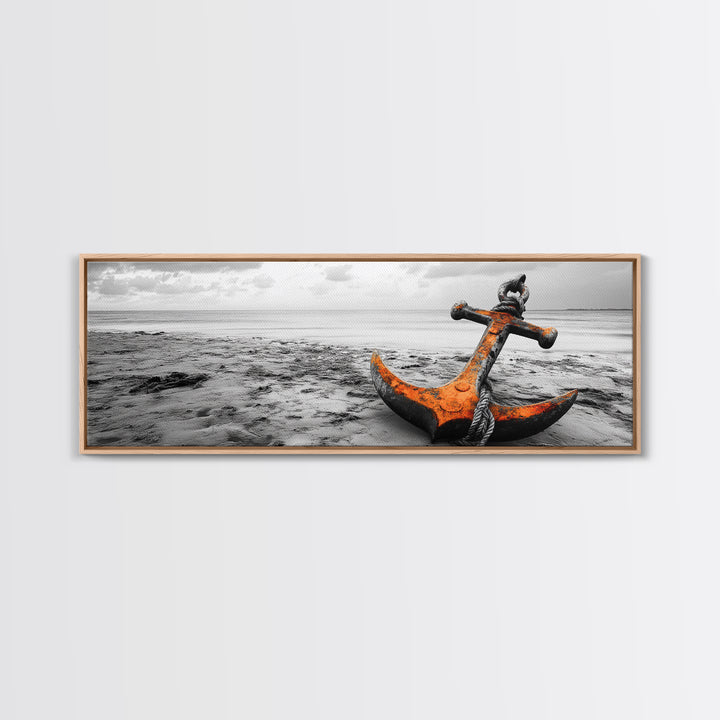 Rusted Anchor, Coastal Decay, Ocean Shore, Nautical Minimalism, Framed Canvas Print, Beach House Wall Art, Bathroom Wall Decor