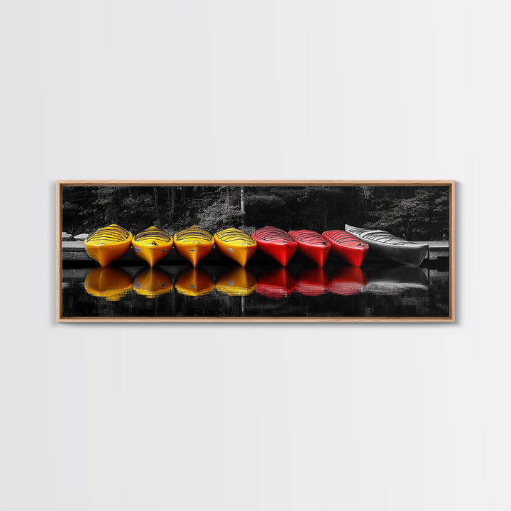 Canoes Docked, Reflection Scene, Kayak Art, Framed Canvas Print, Adventure Wall Art, Boho Water Sports, Cabin Living Room Decor