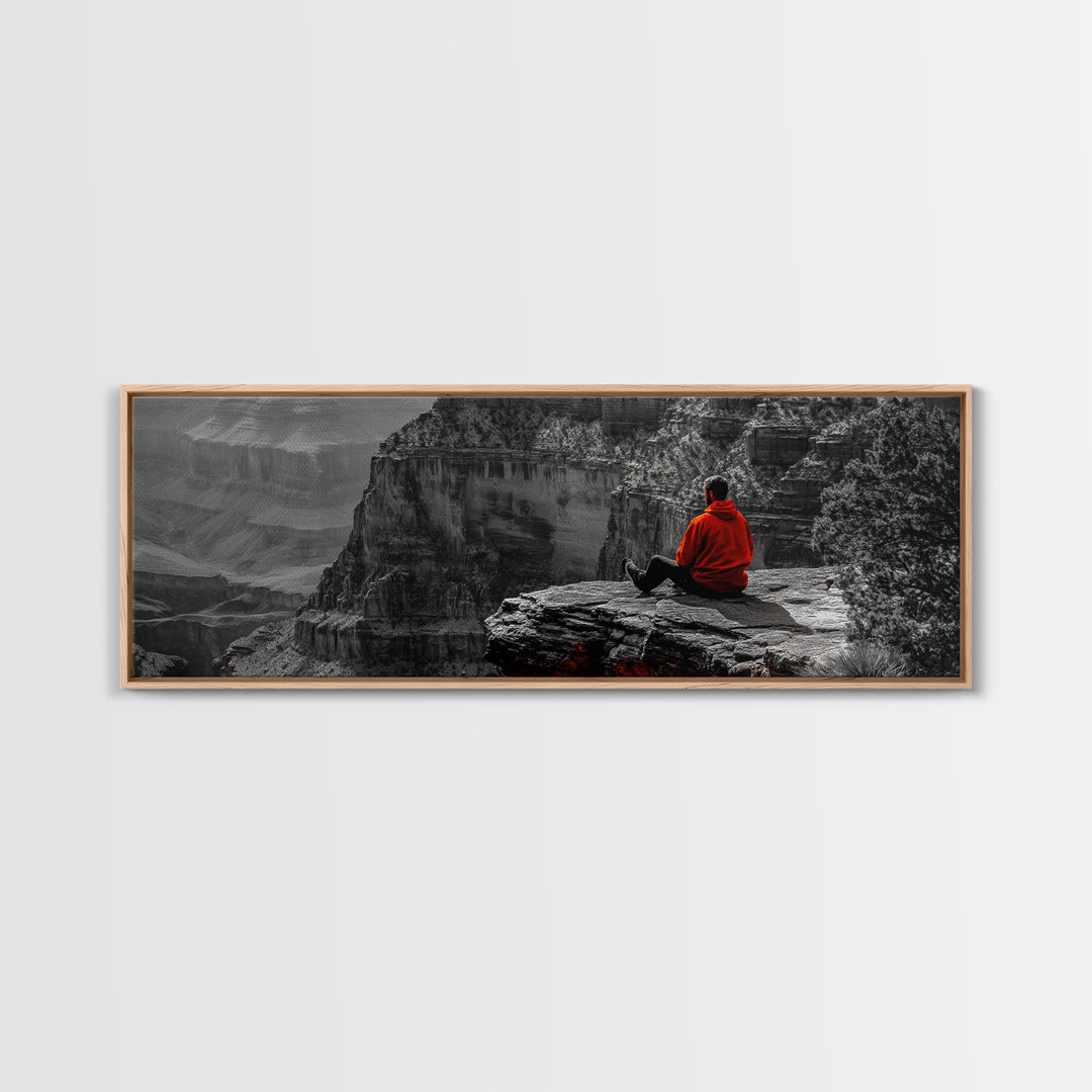 Grand Canyon, Meditation Art, Red Jacket, Adventure Scene, Framed Canvas Print, Hiking Wall Art, Man Cave Decor, Minimalist Landscape