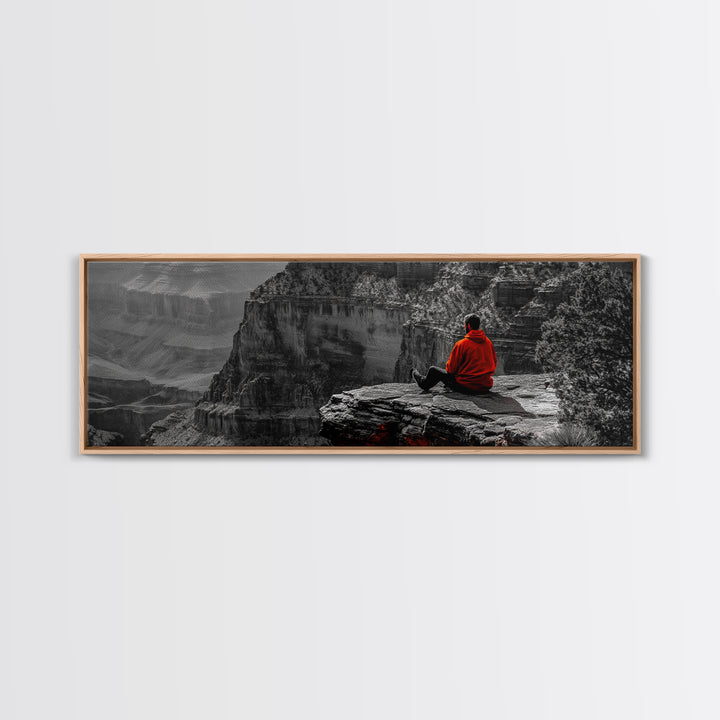 Grand Canyon, Meditation Art, Red Jacket, Adventure Scene, Framed Canvas Print, Hiking Wall Art, Man Cave Decor, Minimalist Landscape