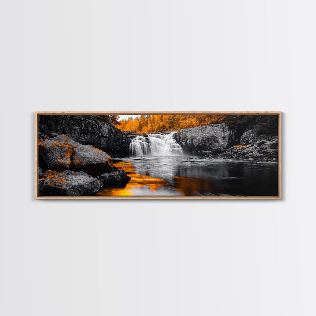 Autumn Waterfall, Fall Trees, Golden Reflections, Tranquil Scene, Framed Canvas Print, Nature Wall Art, Seasonal Decor, Cozy Living Room