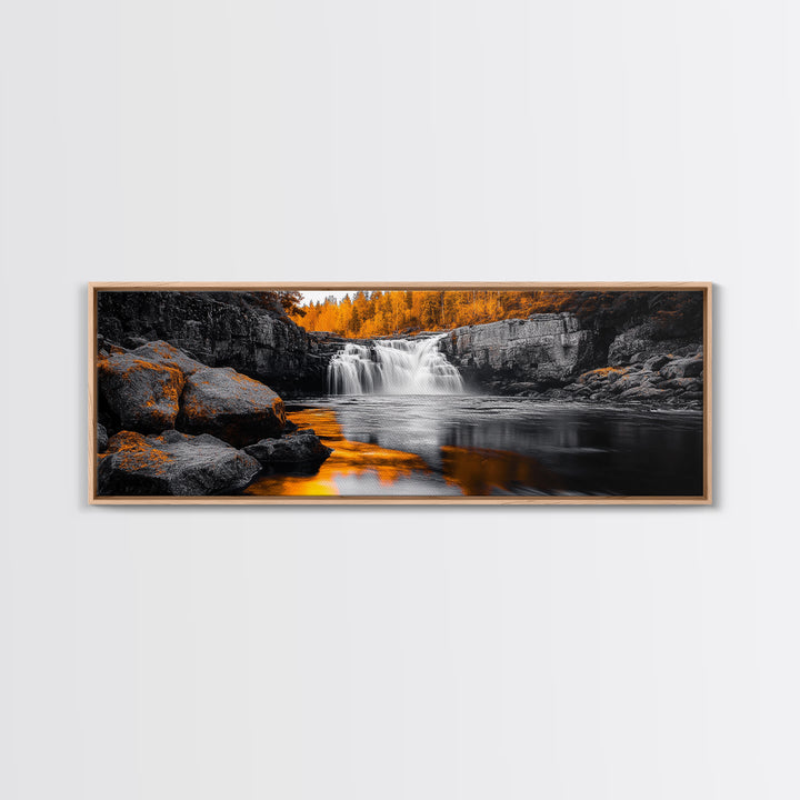 Autumn Waterfall, Fall Trees, Golden Reflections, Tranquil Scene, Framed Canvas Print, Nature Wall Art, Seasonal Decor, Cozy Living Room