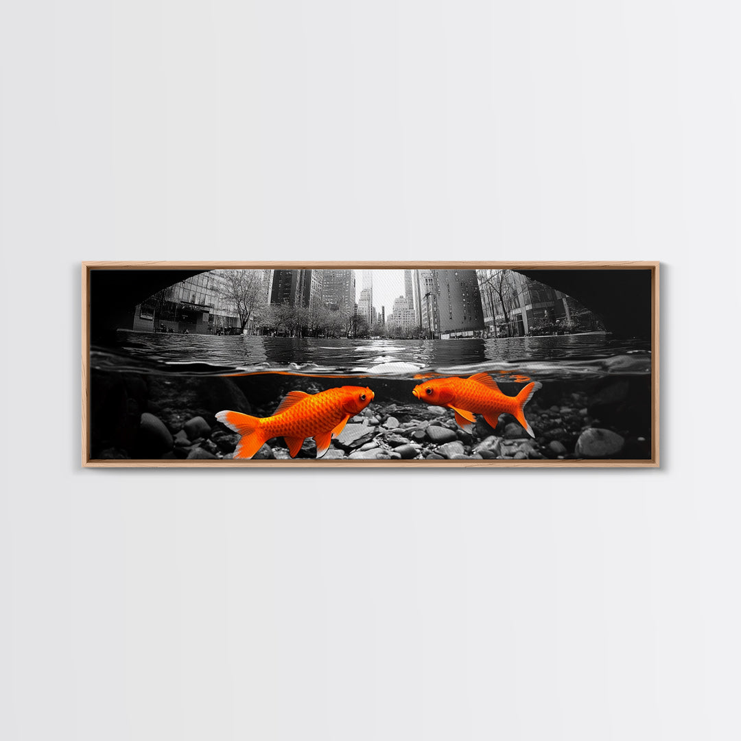 City Meets Nature, Urban Fish, Goldfish Art, Surreal Street Scene, Framed Canvas Print, Quirky Kitchen Wall Art, Modern Whimsical Decor
