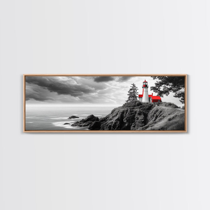 Coastal Lighthouse, Ocean Cliffs, Red Roof, Nautical Beacon, Framed Canvas Print, Bathroom Wall Art, Minimalist Coastal Decor, Seaside Vibe