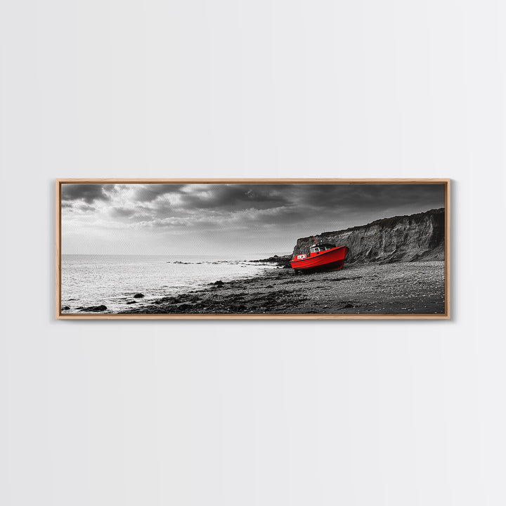 Red Boat, Rocky Shore, Dramatic Sky, Abandoned Vessel, Framed Canvas Print, Nautical Living Room Art, Moody Coastal Home Decor