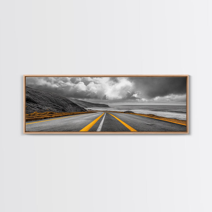 Coastal Highway Drive, Scenic Ocean Road, Stormy Sky Vibes, Framed Canvas Print, Modern Wall Art, Office Decor, Monochrome Landscape