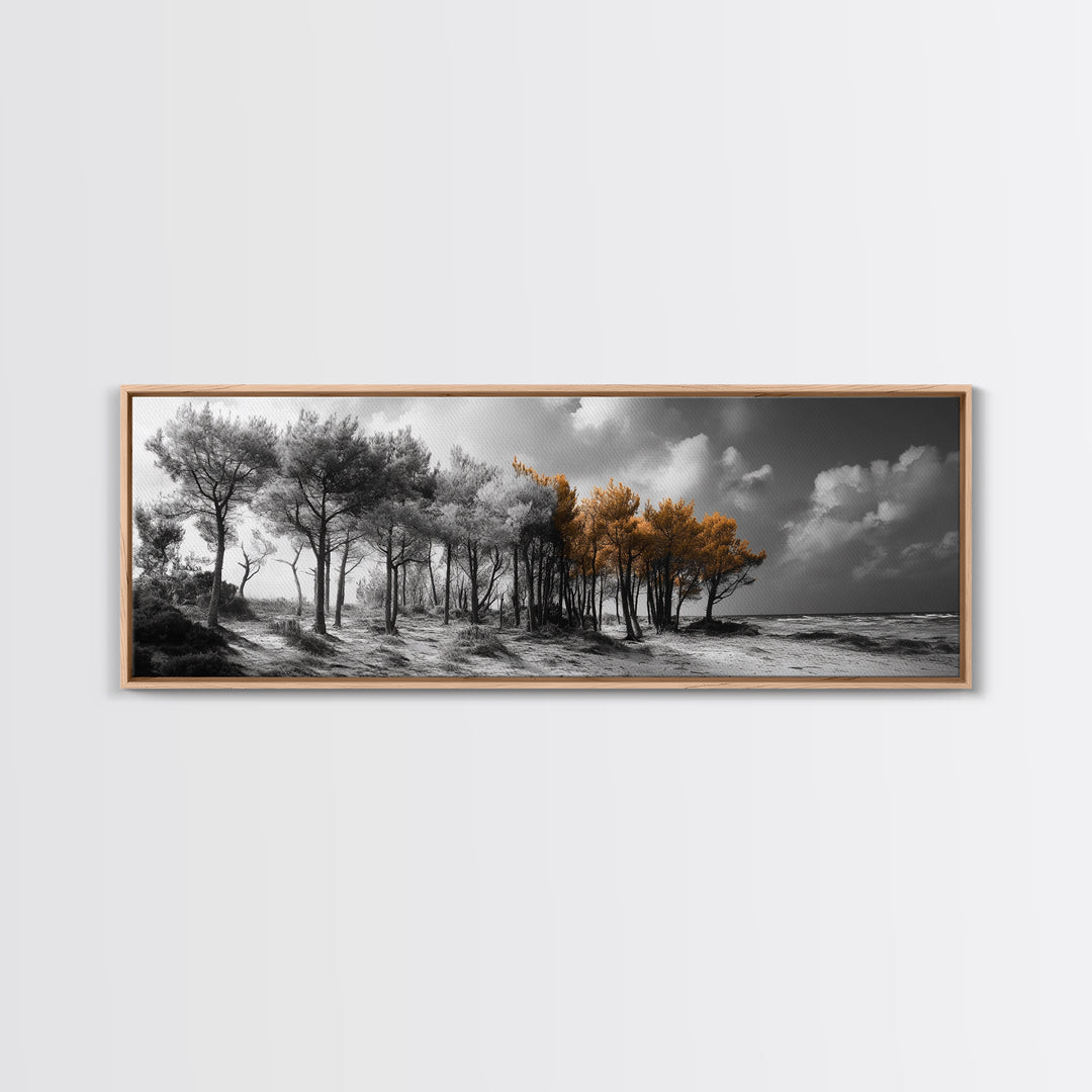 Autumn Forest Trees, Windswept Pine Grove, Beachside View, Framed Canvas Print, Fall Wall Art, Entryway Decor, Minimalist Style
