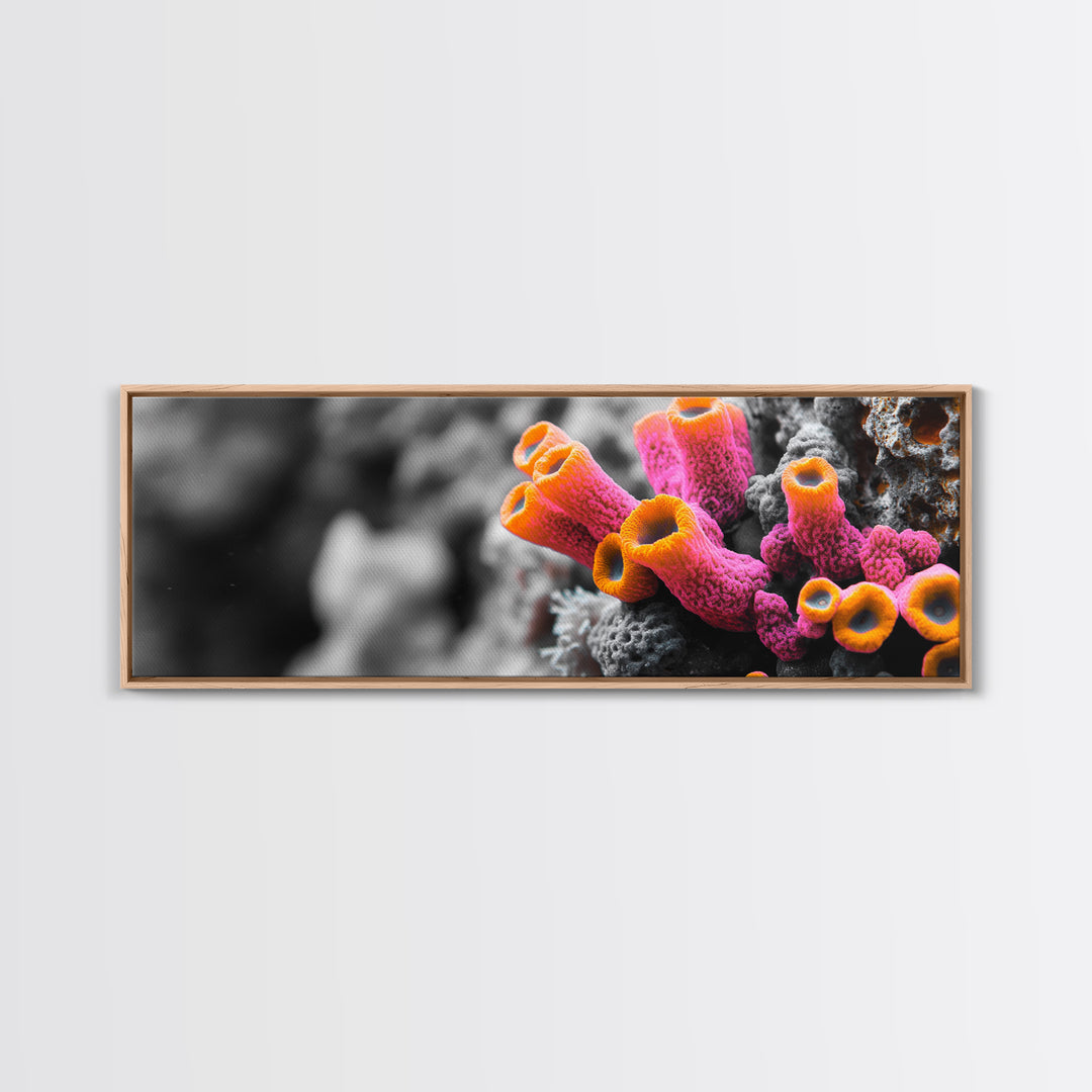 Neon Coral Closeup, Vibrant Underwater Detail, Oceanic Texture Wall Art, Framed Canvas Print, Bathroom Decor, Coastal Modern Style