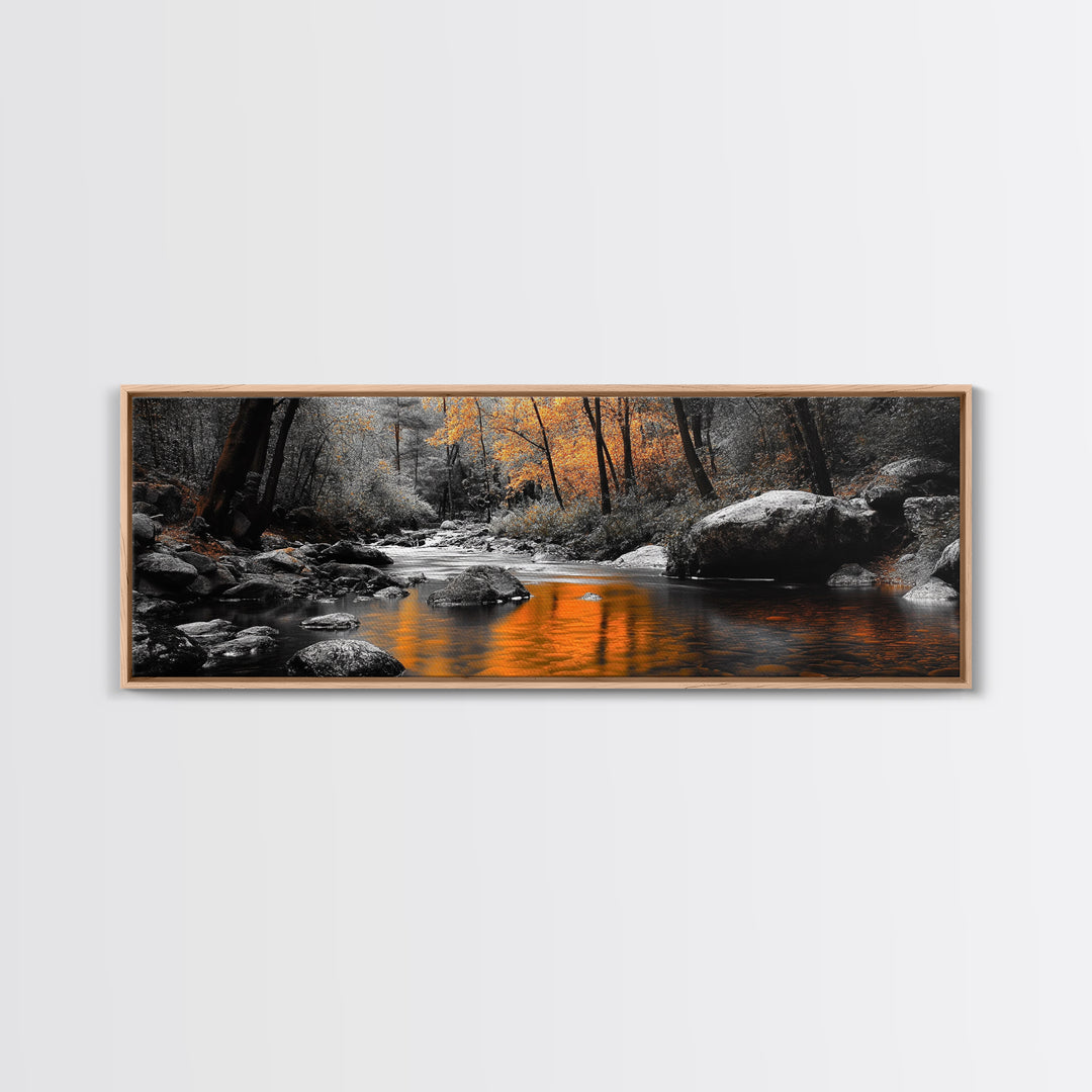 Autumn River Scene, Fall Forest Landscape, Tranquil Waters, Framed Canvas Print, Rustic Wall Art, Cabin Decor, Moody Photography