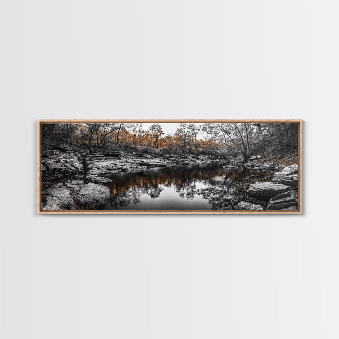 Peaceful Creek View, Fall Foliage Forest, Nature Wall Art, Fishing Scene, Framed Canvas Print, Rustic Home Decor, Autumn Photography