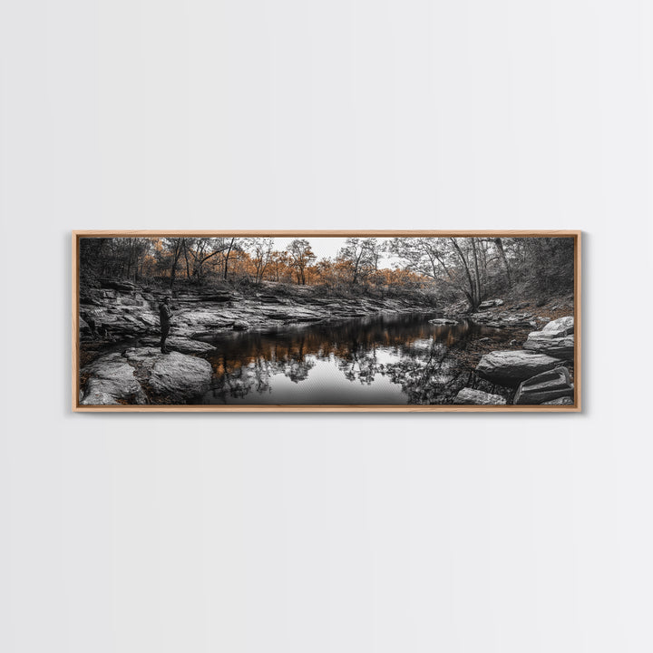 Peaceful Creek View, Fall Foliage Forest, Nature Wall Art, Fishing Scene, Framed Canvas Print, Rustic Home Decor, Autumn Photography