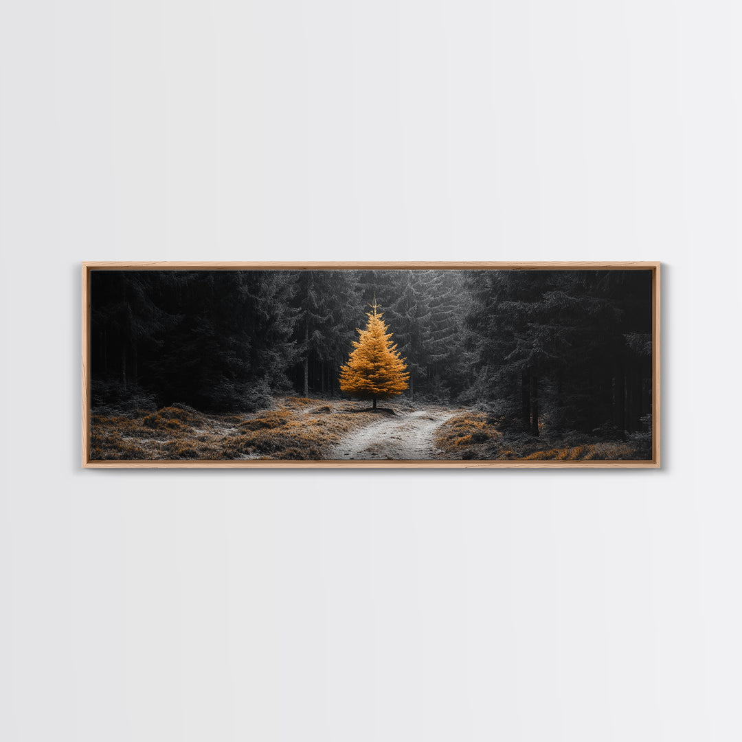 Lone Golden Tree, Forest Path Landscape, Moody Nature Wall Art, Framed Canvas Print, Minimalist Fall Decor, Entryway Accent Piece