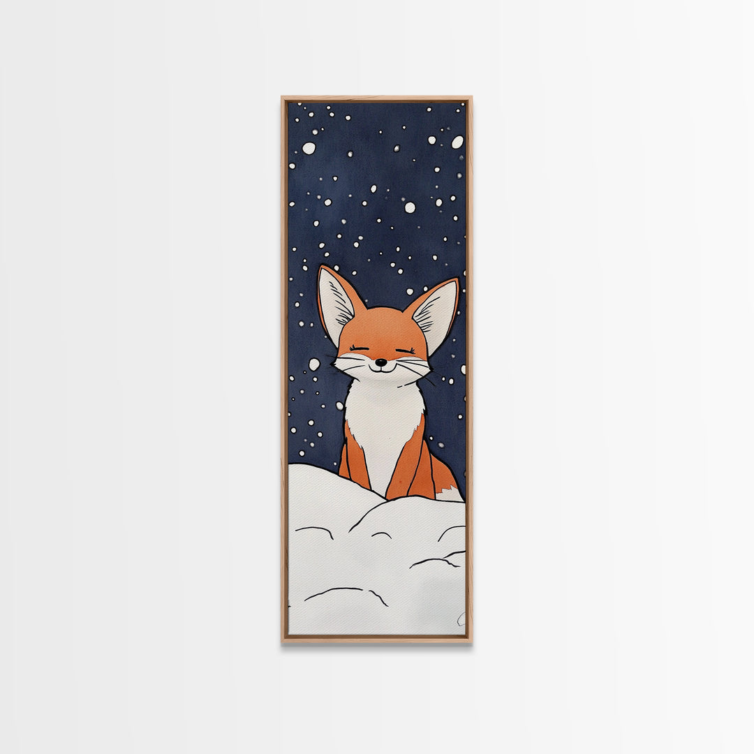 Sleepy Fox In Snowy Night Canvas Print, Whimsical Animal Art, Woodland Nursery Decor, Kids Room Wall Decor, Winter Wall Art