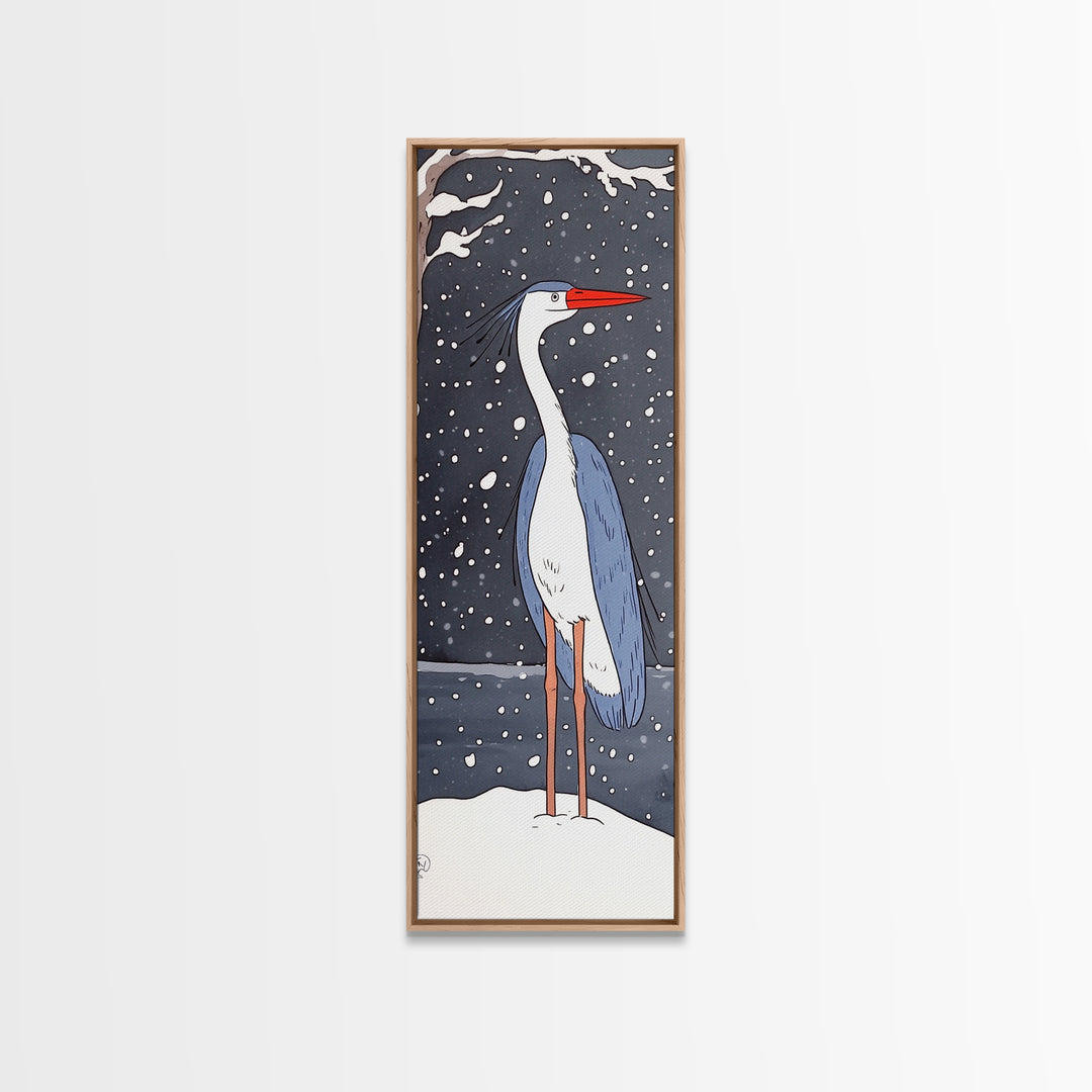 Snowy Heron With Red Beak Framed Canvas Print, Winter Bird Wall Art, Coastal Wall Decor, Animal Art Print, Nature Decor, Gift