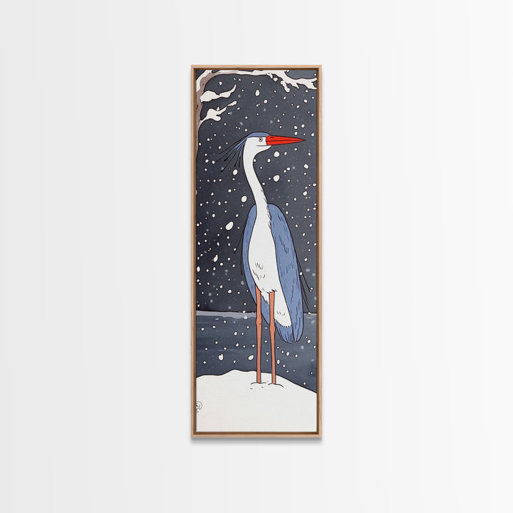 Snowy Heron With Red Beak Framed Canvas Print, Winter Bird Wall Art, Coastal Wall Decor, Animal Art Print, Nature Decor, Gift