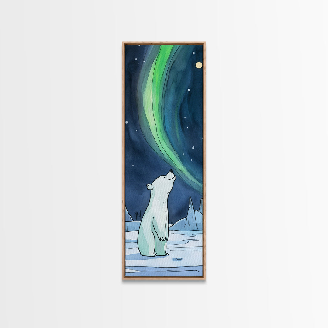 Polar Bear Watching Northern Lights Wall Art, Aurora Canvas Print, Arctic Animal Art, Nursery Decor, Winter Nature Wall Decor