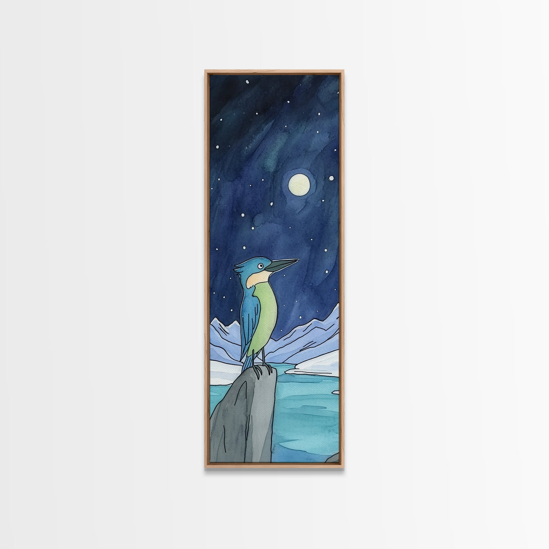 Moonlit Kingfisher On Arctic Ice Wall Art, Whimsical Bird Print, Celestial Night Sky Decor, Kids Room Art Gift, Nursery Decor